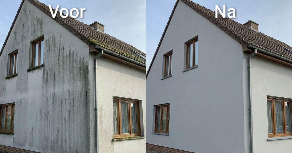 Voor en na behandeling van algengroei op crepi gevel