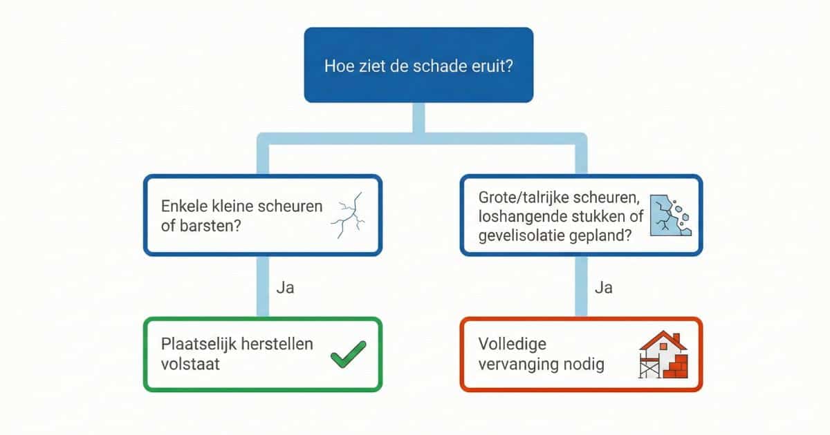 Beslisboom die toont wanneer crepi herstellen volstaat versus wanneer volledige vervanging nodig is