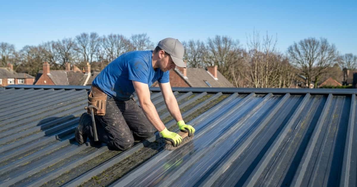 Een dakwerker met een grijze pet en gele beschermhandschoenen knielt op een antracietkleurig golfplaten dak en schrobt groene mosresten uit de goten van de platen met een handmatige borstel terwijl een hamer in zijn leren gereedschapsriem hangt en bakstenen schoorstenen van een woonwijk zichtbaar zijn op de achtergrond.