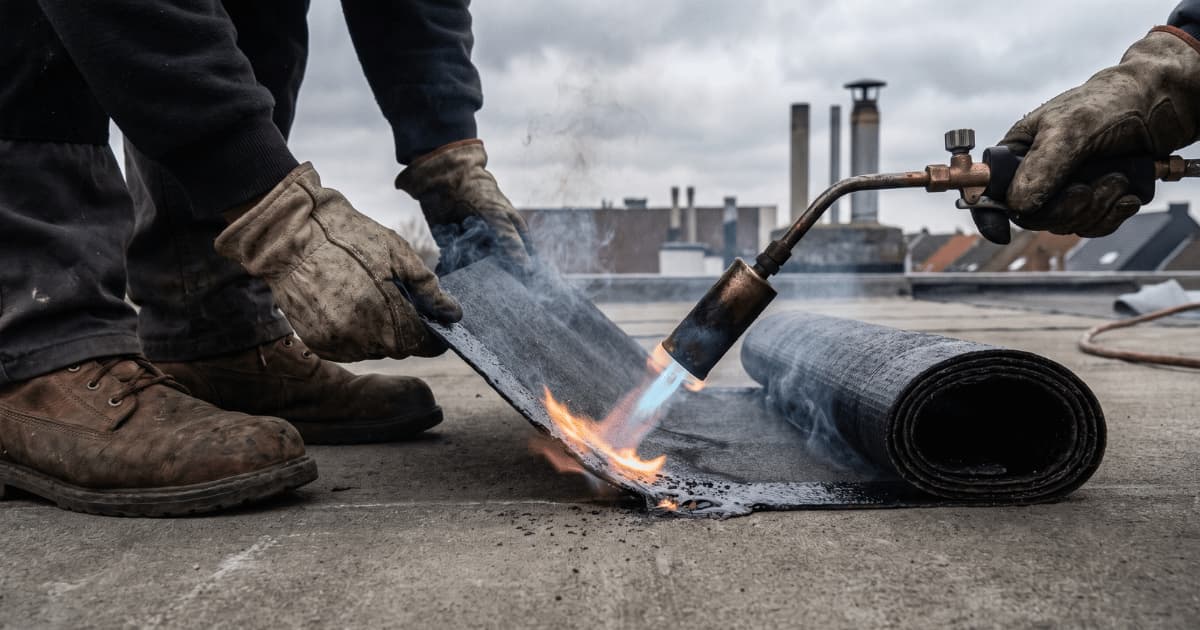Een dakwerker in werkhandschoenen richt een gasbrander met blauw oranje vlam op de onderzijde van een opgerolde bitumen roofingbaan die smelt op het platte dakoppervlak terwijl rook opstijgt en op de achtergrond schoorstenen en daken zichtbaar zijn onder een grijze bewolkte lucht.