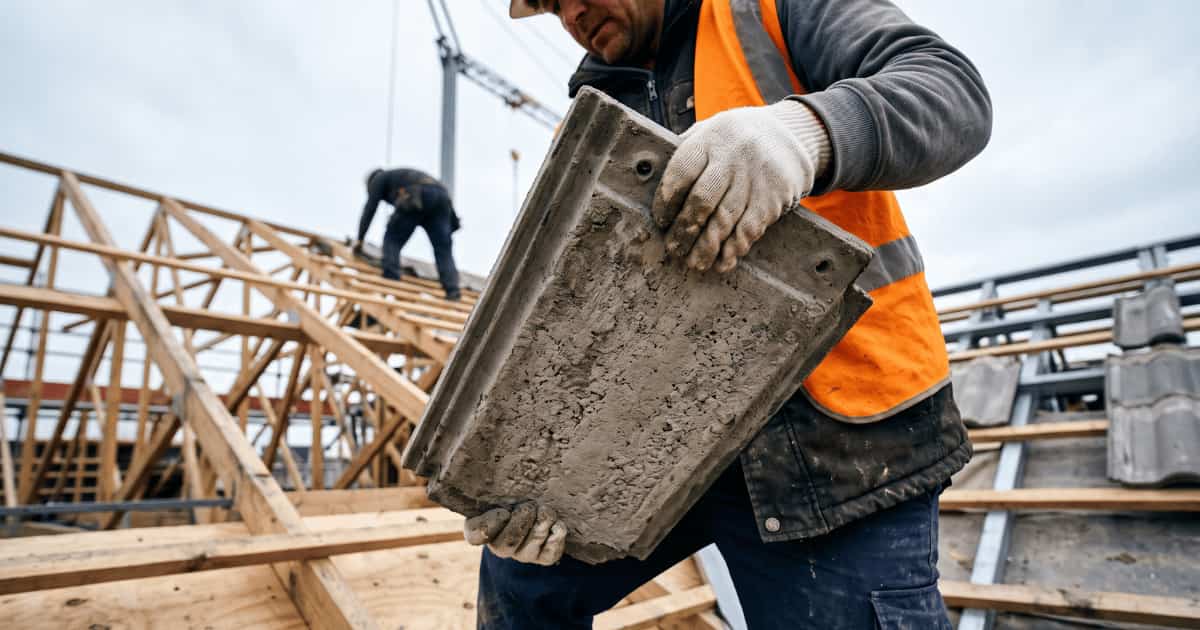 Een dakwerker in een oranje veiligheidsvest en werkhandschoenen draagt een grote grijze betonnen dakpan met beide handen zodat de ruwe onderkant en de nagelgaten zichtbaar zijn terwijl op de achtergrond een tweede werker bukt op een open houten dakconstructie.