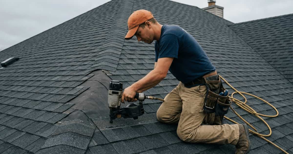 Een dakwerker met oranje pet en gereedschapsriem knielt op een hellend dak en bevestigt donkere bitumen shingles met een pneumatisch nagelpistool bij bewolkt daglicht.