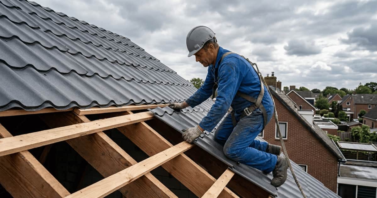 Dakwerker in blauwe overall en witte helm plaatst een donkere metalen dakpanplaat op een houten lattenstructuur met bakstenen rijwoningen en een bewolkte lucht op de achtergrond.