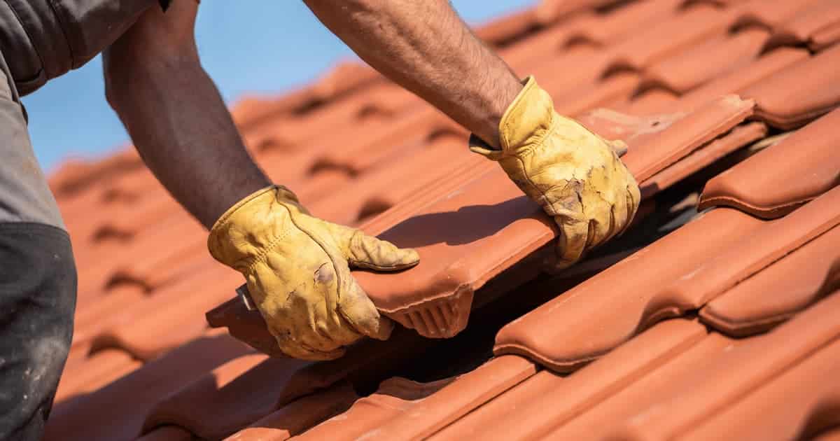 Een dakwerker met versleten gele leren werkhandschoenen plaatst met beide handen een terracotta keramische dakpan op een hellend dak bedekt met identieke holle pannen onder een heldere blauwe lucht.