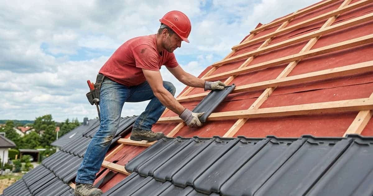 Een dakwerker met rode helm en rode werkkleding knielt op een hellend dak en drukt met beide handen een donkere keramische dakpan op een houten panlat terwijl rode onderdakfolie en panlatten zichtbaar zijn boven de reeds gelegde rijen.