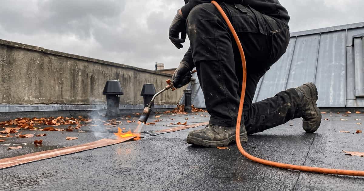 Een dakwerker in zwarte werkkleding hurkt op een donker plat dak en richt een gasbrander met oranje slang op een bitumennaad waar een kleine vlam en rook zichtbaar zijn terwijl verdorde herfstbladeren op het dakoppervlak liggen en zwarte dakventilatiepijpen en een zinken dak op de achtergrond zichtbaar zijn onder een bewolkte hemel.