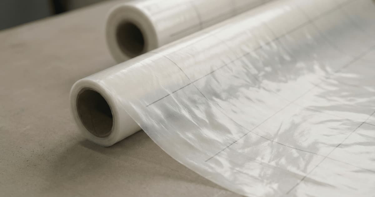 Uitgerolde dampschermfolie in polyethyleen met zichtbare textuur en rasterlijnen.