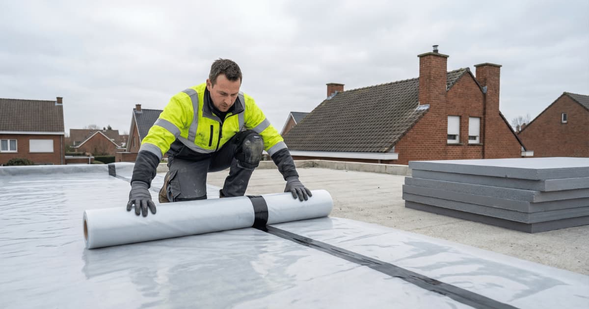 Vakman plaatst dampschermfolie op plat dak van Belgische woning met isolatieplaten op de achtergrond.
