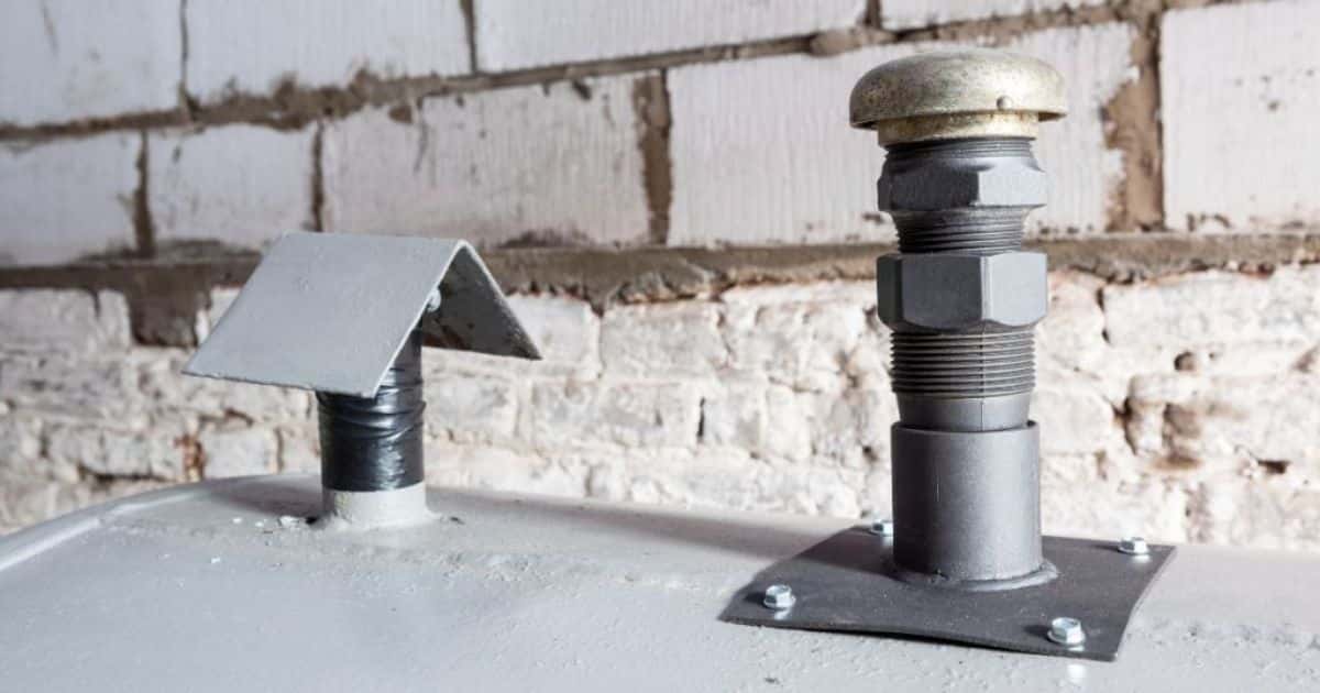 Close-up van de bovenkant van een mazouttank of stookolietank tegen een witgekalkte bakstenen muur.