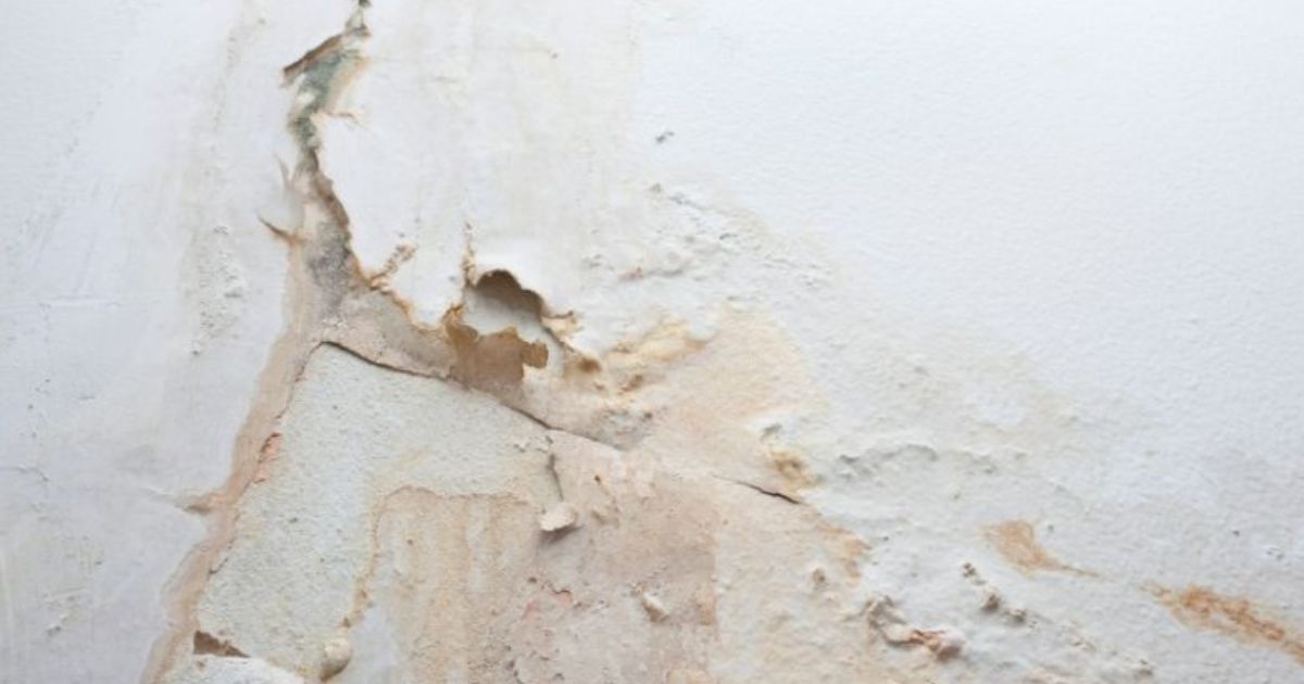 De impact van vocht op een wand: het pleisterwerk komt los, verbrokkelt en er verschijnt een geel-bruine kleur.