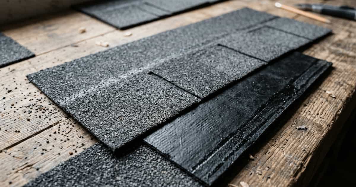 Donkere bitumen dakshingles met zichtbare minerale leislagstructuur liggen overlappend op een ruw houten werkblad met losse korrels ernaast.