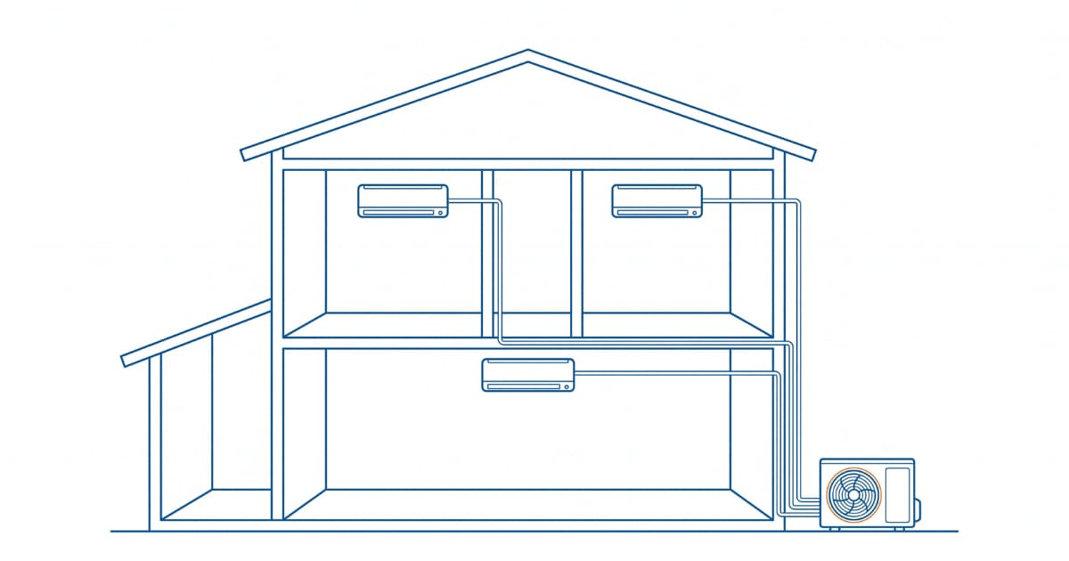 Schematische doorsnede van een woning met twee verdiepingen waarin drie wandgemonteerde airco-binnenunits via leidingen verbonden zijn met één buitenunit rechts naast het huis.