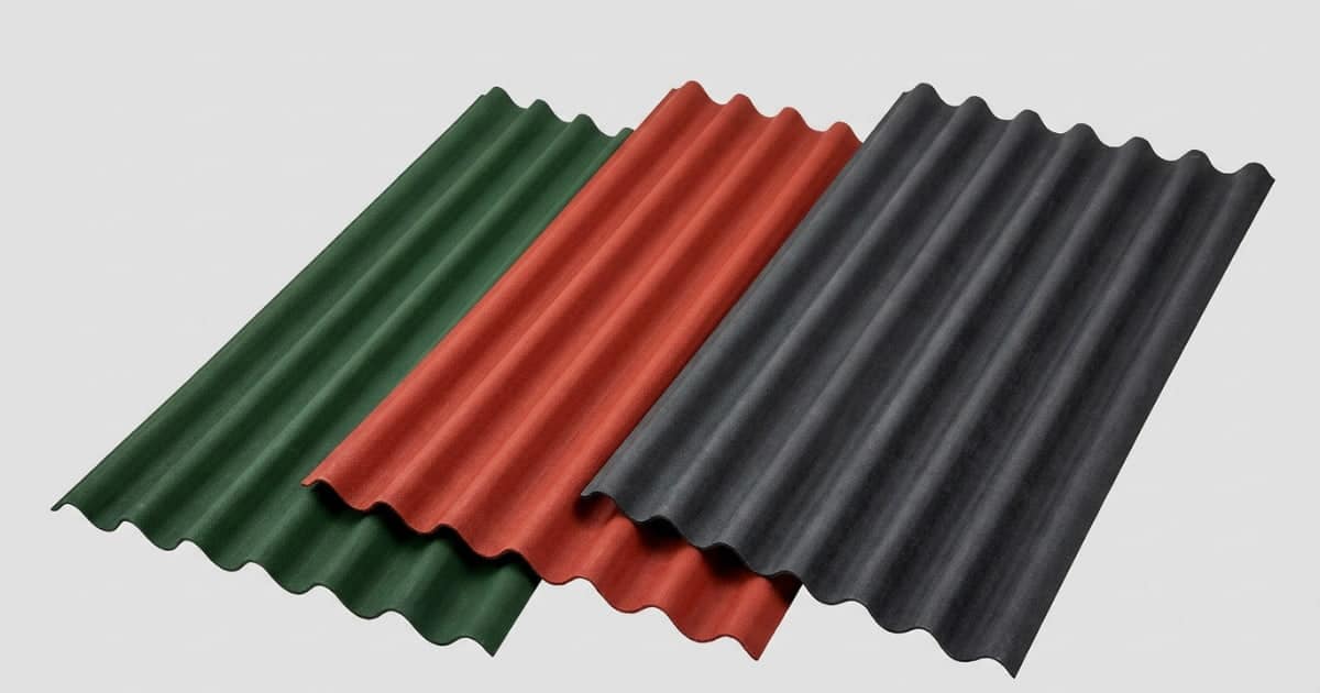 Drie bitumen golfplaten in donkergroen, terracottarood en antracietgrijs liggen schuin overlappend uitgewaaierd op een neutrale grijze achtergrond en tonen het diepe golvende profiel en de korrelige matte textuur van elke kleurvariant.