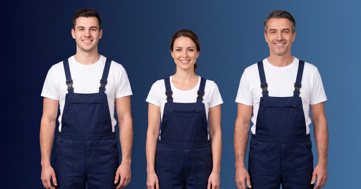 Een jonge man, een vrouw en een oudere man poseren samen in identieke donkerblauwe overalls met witte t-shirts.