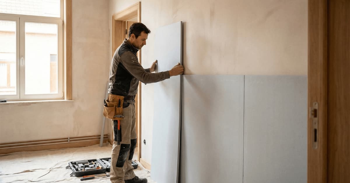 Vakman plaatst dunne isolatieplaten tegen een binnenmuur in een Belgische woning met minimaal ruimteverlies.