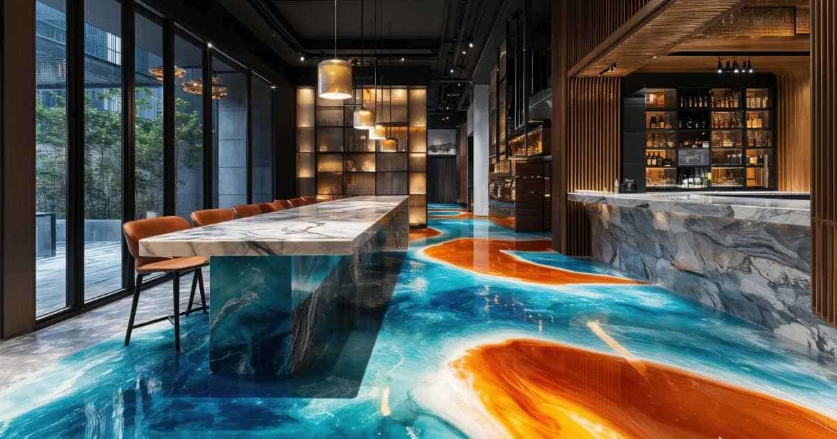 Een moderne luxueuze eetkamer met bar en open keuken. De epoxy vloer bestaat uit door elkaar lopende oranje, grijze en blauwe vlakken. Tegenover de natuurstenen toog staat een lange natuurstenen tafel met houten stoelen.
