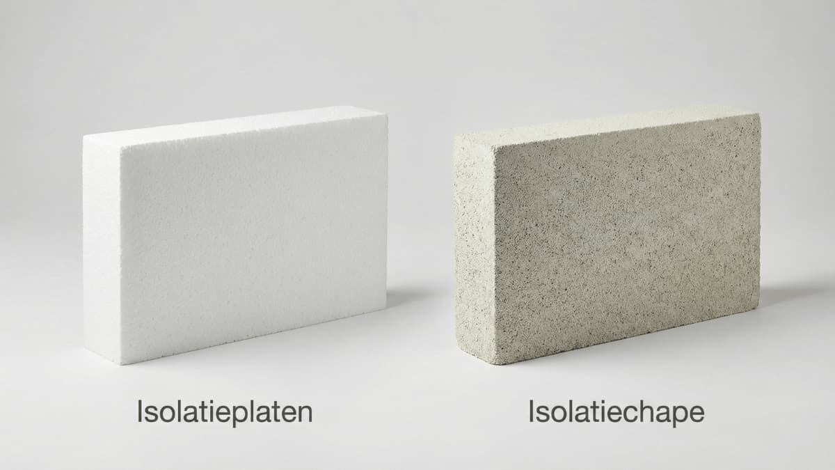 Vergelijking van twee soorten EPS-isolatie naast elkaar: een witte EPS-isolatieplaat met zichtbare parelstructuur en een grijsgele EPS-isolatiechape met korreliger textuur.
