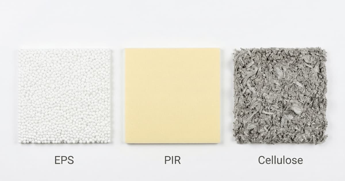 Drie isolatiemateriaalstalen naast elkaar op witte achtergrond: EPS-korrels, PIR-plaat en cellulosevezels.