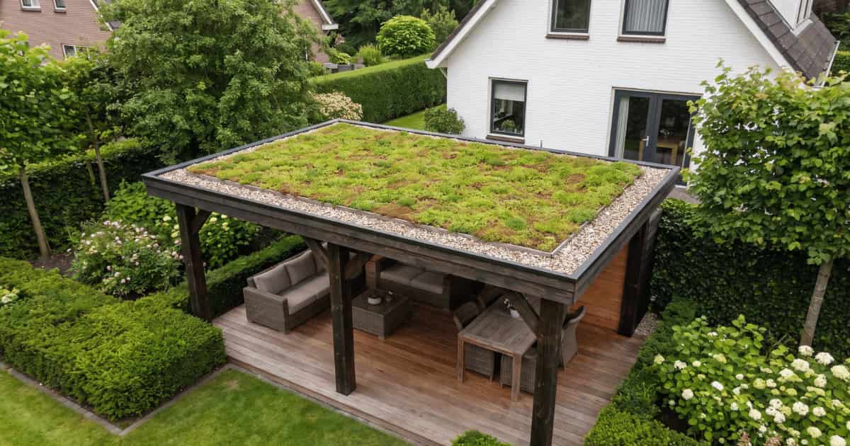 Een houten tuinpaviljoen met donkere palen en een plat extensief groendak begroeid met sedum staat in een weelderige achtertuin met strakke buxushagen en hortensia's terwijl op de achtergrond een witgeschilderde woning met donkere raamkozijnen zichtbaar is.
