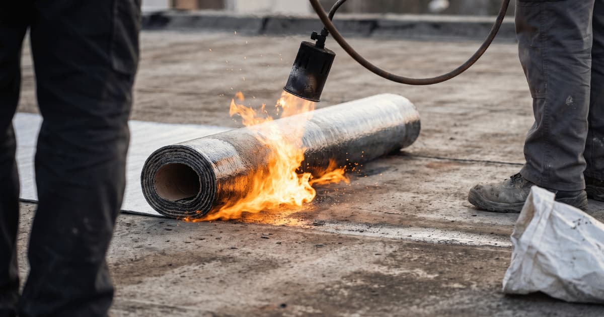 Een gasbrander met zwarte kop en donkere slang verhit de onderzijde van een gedeeltelijk uitgerolde bitumenrol met zilverkleurig oppervlak op een grijs betonnen plat dak terwijl een grote oranje vlam met vonken het smeltende materiaal aan de ondergrond hecht met twee dakwerkers zichtbaar vanaf de knieën aan weerszijden van de rol.