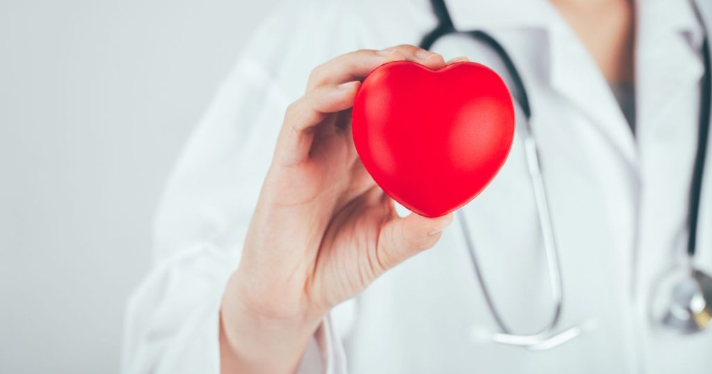 Close-up van de hand van een arts met daarin een rood hart. De arts draagt een witte doktersjas en heeft een stethoscoop om de hals.