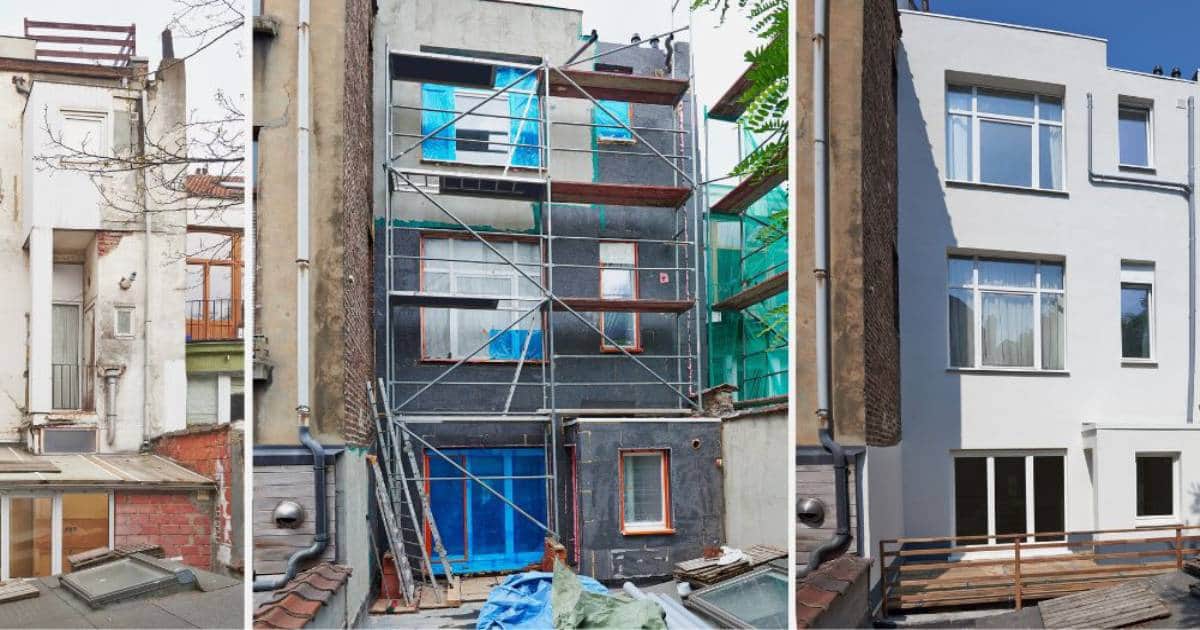 Het proces van een gevelrenovatie, met als resultaat een gloednieuwe witte gevel. 