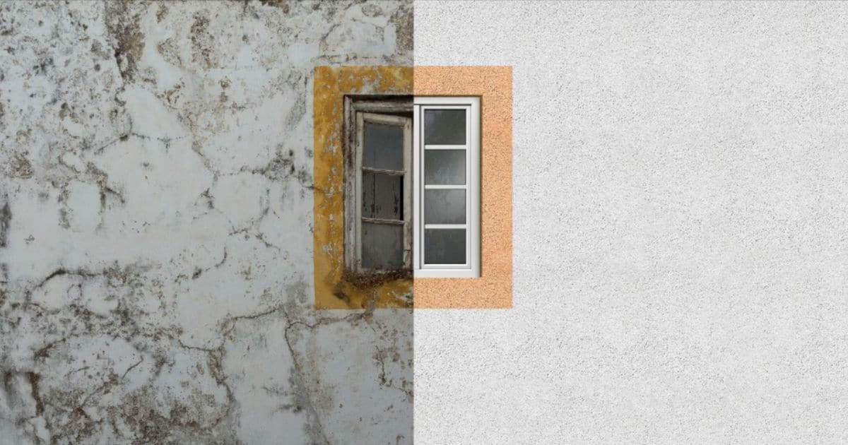 op de foto is aan de linkerhelft een gevel te zien voor een renovatie en op de rechterhelft na de renovatie