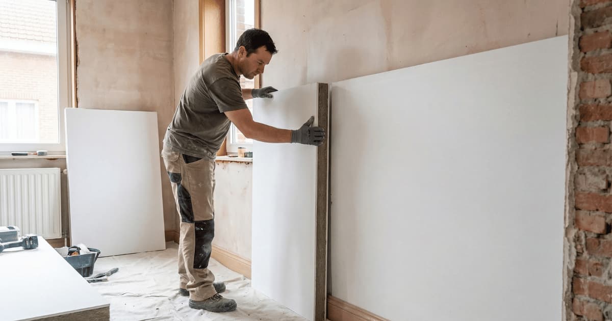 Vakman installeert geïsoleerde gipsplaten op een binnenmuur tijdens een renovatie in een Belgische woning.