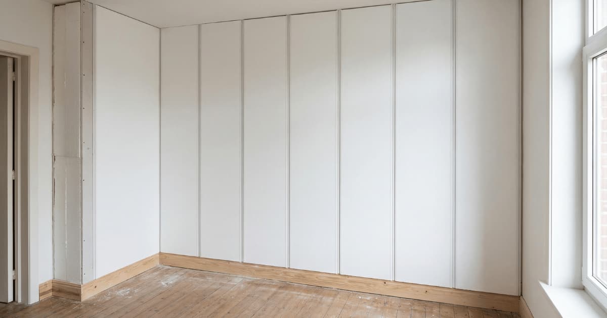 Geïsoleerde gipsplaten op een binnenmuur met zichtbare paneelopbouw en nette afwerking in een Belgische woning.