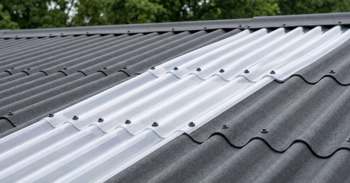 Een donkergrijs golfplaten dak met een diagonale strook doorzichtige polycarbonaat lichtplaten die naadloos in hetzelfde golvende profiel passen en met zwarte dakschroeven op de golfruggen zijn bevestigd terwijl groen gebladerte zachtwazig zichtbaar is op de achtergrond.