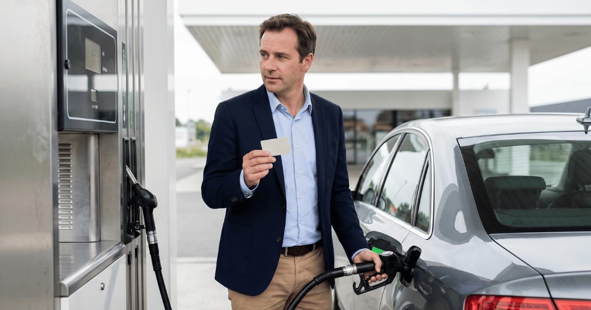 Bestuurder tankt zijn wagen met een tankkaart aan een Belgisch tankstation.