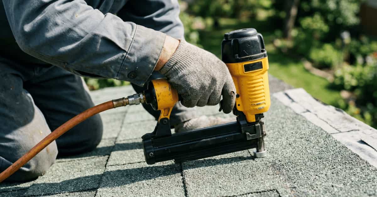Een gehandschoende hand drukt een geel pneumatisch nagelpistool op grijze bitumen dakshingles met een oranje persluchtslang en groene tuinvegetatie op de achtergrond.