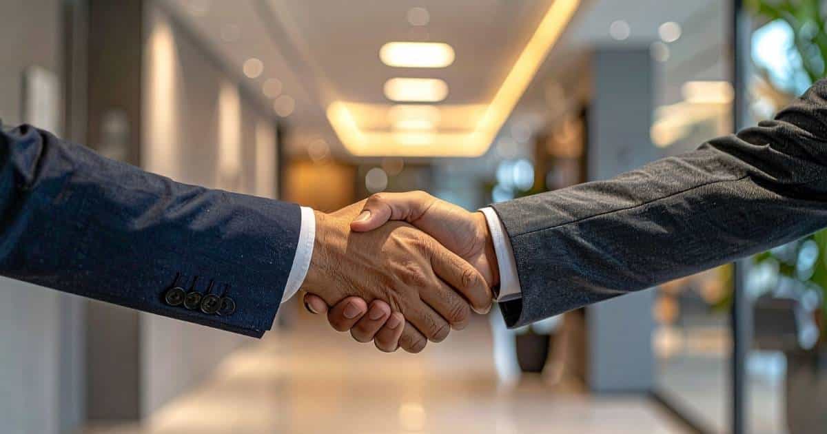 Twee mensen schudden elkaar de hand in een gang. Enkel hun armen zijn in beeld. De linkse man draagt een wit hemd onder een blauw maatpak. De rechtse draagt een wit hemd onder een grijs maatpak.