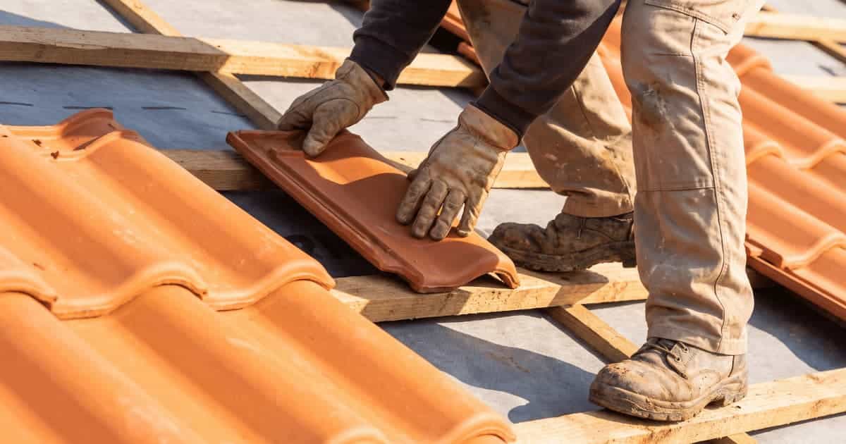 Een dakwerker met werkhandschoenen drukt met beide handen een terracotta golvende dakpan op houten panlatten terwijl links al enkele rijen identieke oranje pannen liggen en het donkergrijze onderdak tussen de latten zichtbaar is in helder zonlicht.