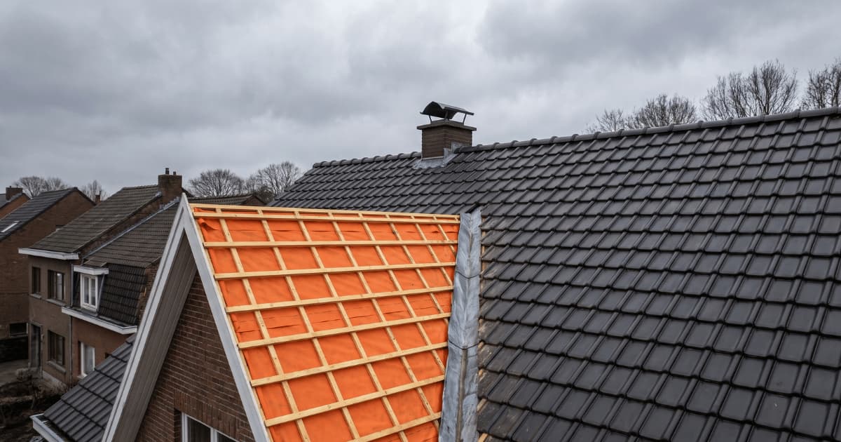 Een driehoekig gevelvlak van een hellend dak is volledig gestript en toont helder oranje onderdakfolie met daarover een raster van houten panlatten terwijl de aangrenzende dakvlakken al bedekt zijn met donkergrijze dakpannen en op de achtergrond bakstenen rijwoningen en kale bomen zichtbaar zijn onder een bewolkte Belgische lucht.