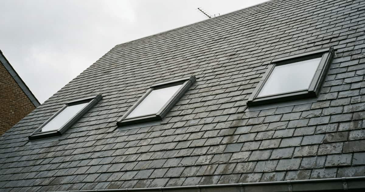 Drie dakramen met donkergrijze metalen omlijsting zitten ingewerkt in een hellend dak met natuurleien onder een bewolkte lucht.