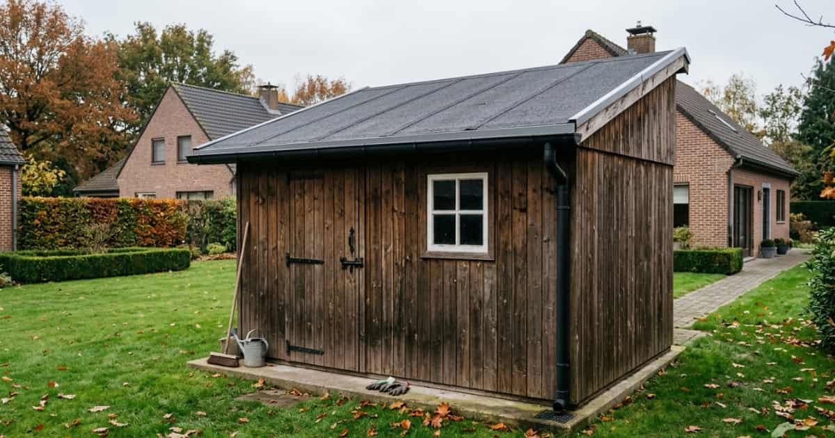 Een compact houten tuinhuis met verweerde bruine planken en een schuin lessenaarsdak bedekt met donkere bitumen roofing staat op een betonnen plint in een groene Vlaamse achtertuin met herfstbladeren op het gras en bakstenen woningen op de achtergrond.