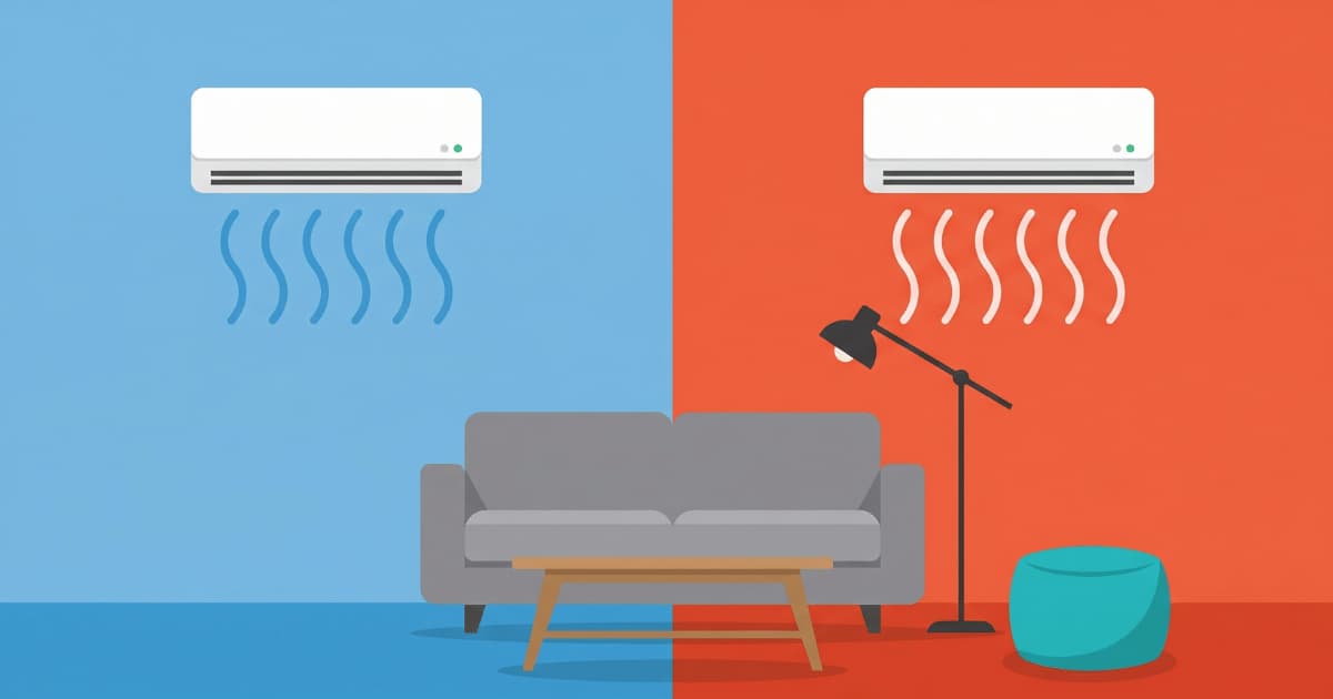 Flat illustratie van een woonkamer verdeeld in een blauwe linkerhelft met een airco-binnenunit die koele golvende luchtlijnen naar beneden blaast en een oranje-rode rechterhelft met een identieke unit die warme luchtlijnen uitblaast boven een grijze bank met salontafel en staande lamp.