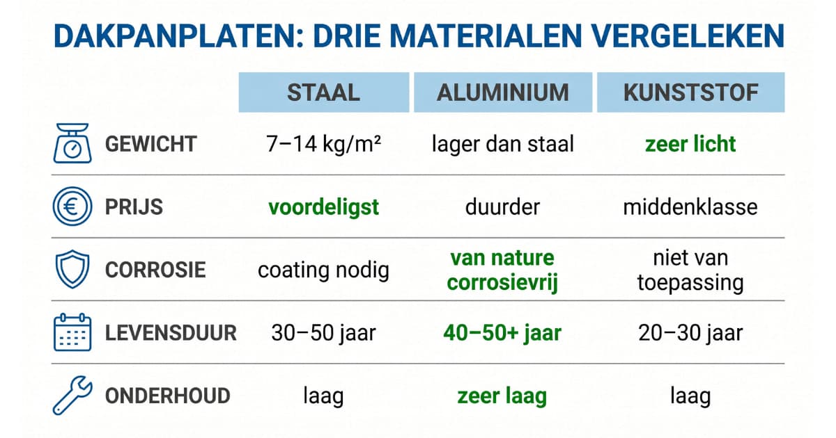 Een infographic die drie materiaalvarianten van dakpanplaten vergelijkt namelijk staal aluminium en kunststof op gewicht prijs corrosiebestendigheid levensduur en onderhoud met groene highlights op de beste score per criterium.