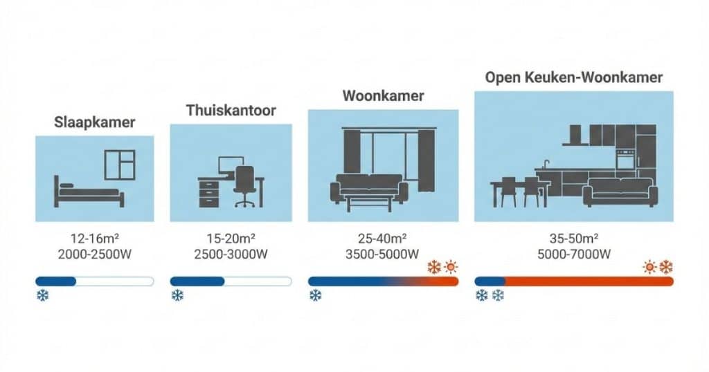 Infographic met vier kamertypes op een rij in oplopende grootte: slaapkamer (12-16 m², 2.000-2.500 W), thuiskantoor (15-20 m², 2.500-3.000 W), woonkamer (25-40 m², 3.500-5.000 W) en open keuken-woonkamer (35-50 m², 5.000-7.000 W).