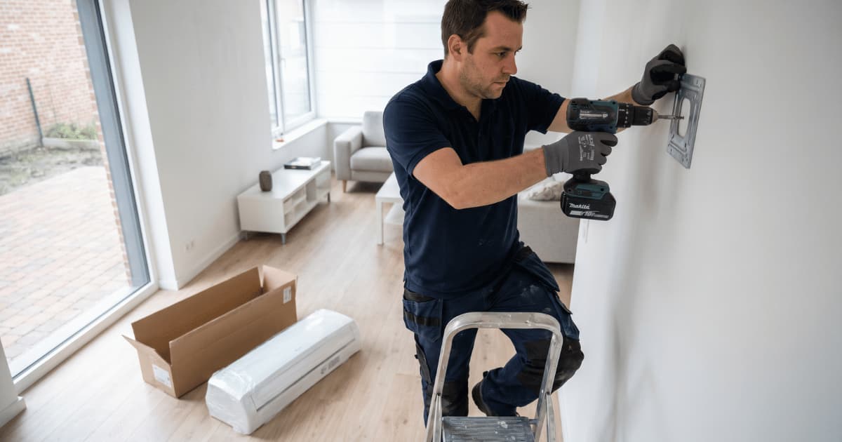 Een installateur boort met een accuboormachine in een muur terwijl hij op een klein trapje staat in een lichte ruimte.