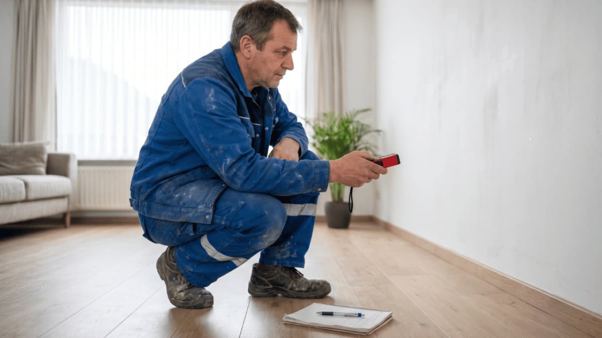 Een installateur in blauwe werkkleding hurkt in een lichte woonkamer en richt een rode lasermeter naar de muur terwijl een notitieblok met pen naast hem op de houten vloer ligt.