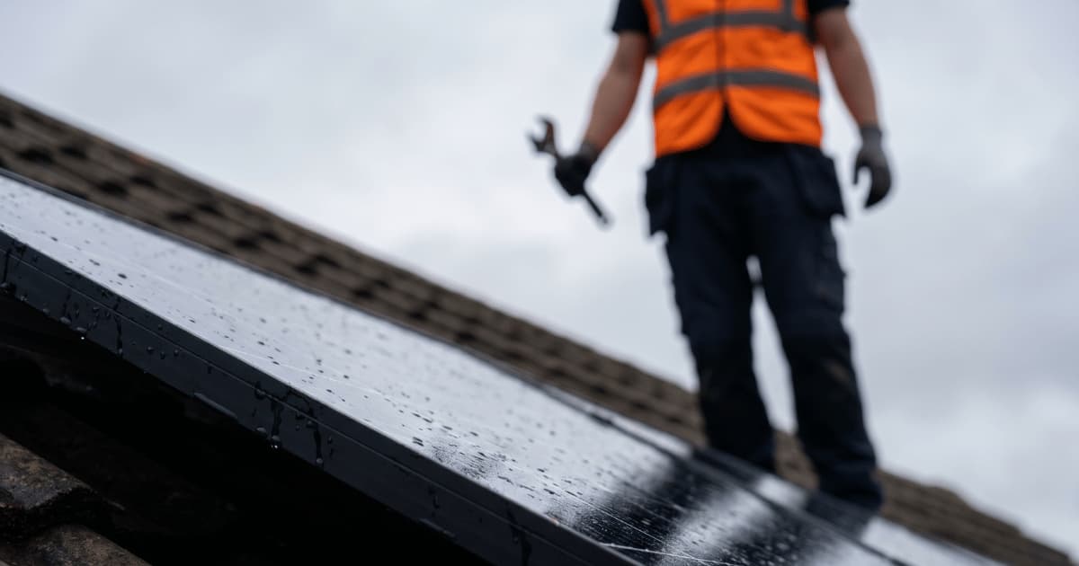 Een installateur in een oranje veiligheidsvest en donkere werkbroek staat met een moersleutel in de hand op een hellend dak achter een regennat zwart zonnepaneel dat scherp in de voorgrond loopt onder een bewolkte grijze lucht.