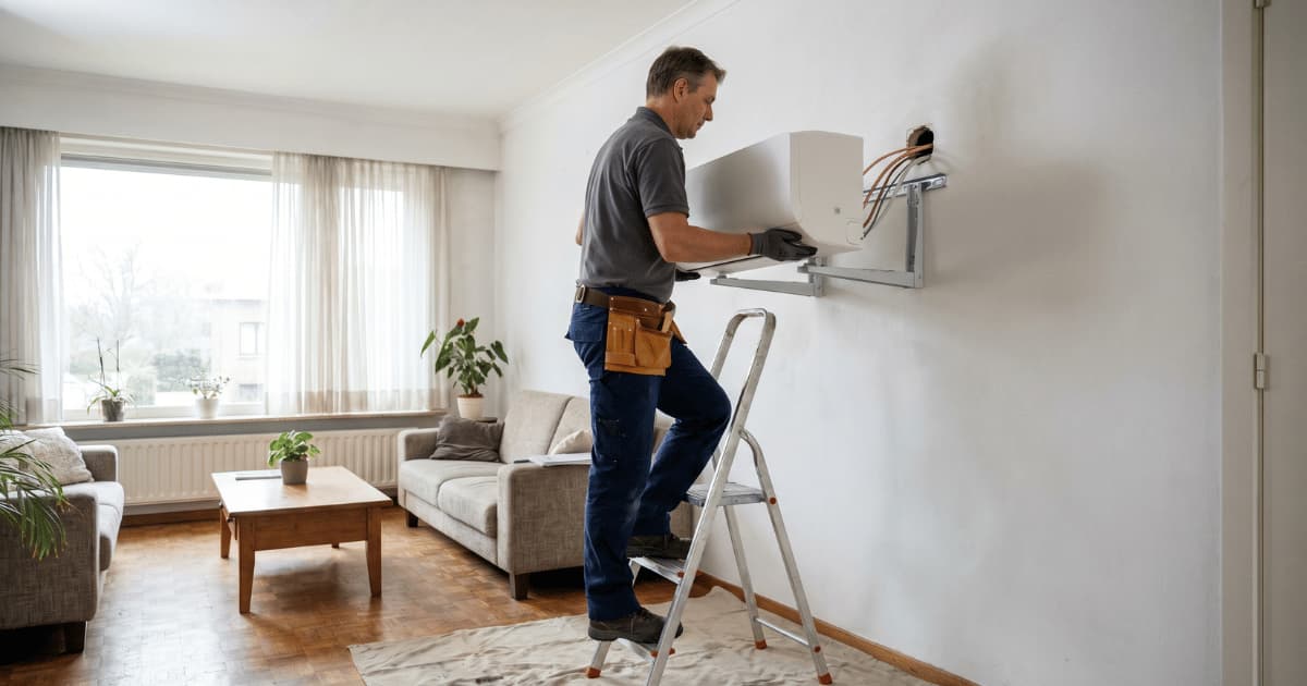 Een installateur staat op een trapje en plaatst een witte airco-binnenunit op een metalen muurbeugel in een woonkamer, met zichtbare koperen leidingen achter het toestel.