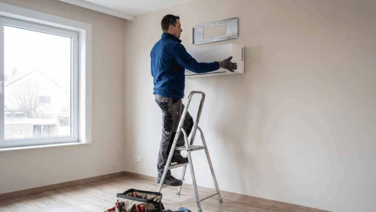 Een airco-installateur staat op een trapladder en bevestigt een witte binnenunit van een split-airco op de muurbeugel in een moderne woonkamer met natuurlijk daglicht.