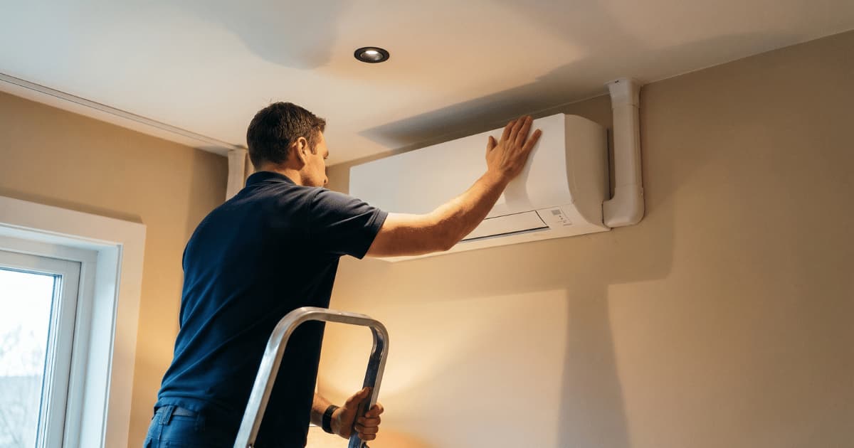 Een installateur in een donkerblauw poloshirt staat op een aluminium trapje en drukt met zijn rechterhand een witte airco-binnenunit tegen de muur hoog onder het plafond terwijl zijn linkerhand de trapbovenrand vasthoudt en een witte leidingkoker langs de muur naar de unit loopt in een warm verlichte kamer met beige wanden en een inbouwspot in het plafond.