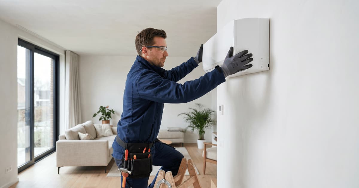 Een technicus in donkerblauw werkpak met gereedschapsriem plaatst op een houten trapje een witte airco-binnenunit tegen de muur in een moderne woonkamer met houten vloer en grote ramen.