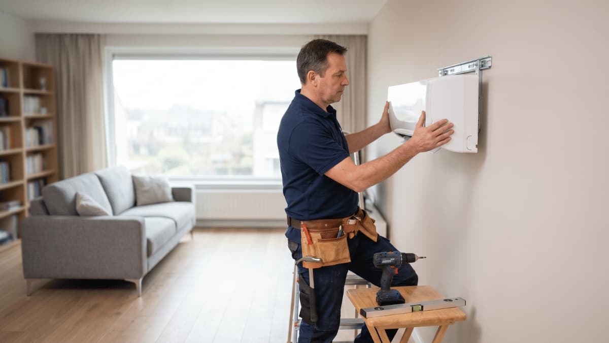 Een ervaren installateur in donkerblauw werkshirt en gereedschapsriem bevestigt met beide handen een witte airco-binnenunit op een metalen montageplaat aan de muur in een woonkamer met grijze bank, boekenkast en groot raam op de achtergrond.