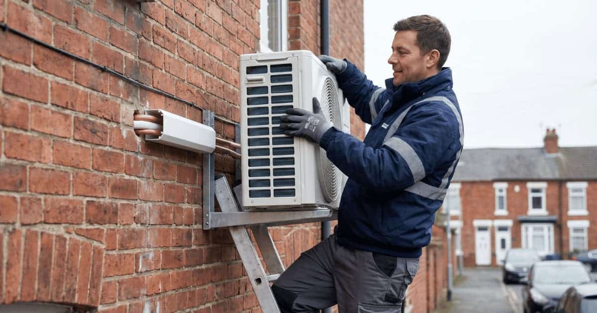 Een installateur in blauwe werkjas met reflecterende strepen staat op een ladder en plaatst met beide handen een witte airco-buitenunit op een metalen muurbeugel tegen een rode bakstenen gevel, met zichtbare koperen leidingen die via een witte kabelgoot de muur ingaan.