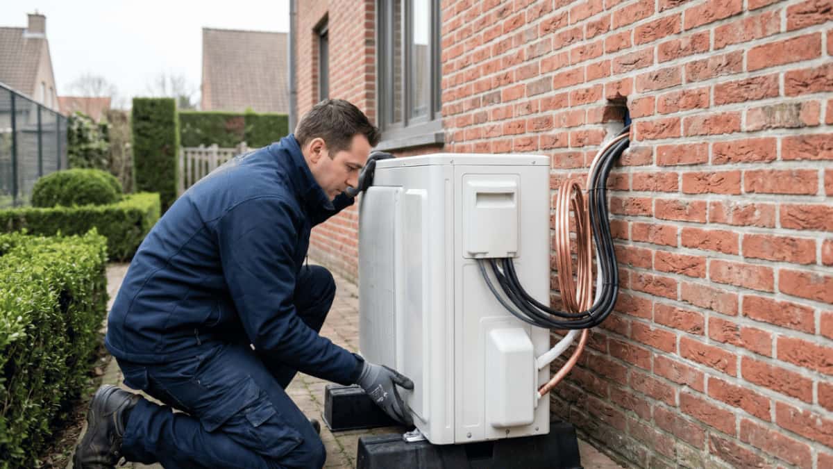 Een technicus in donkerblauwe werkkleding hurkt naast een witte buitenunit van een airco die tegen een rode bakstenen gevel staat met koperen leidingen en kabels die door een opening in de muur lopen.